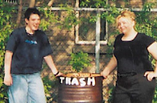 Alicia and I with a trash can